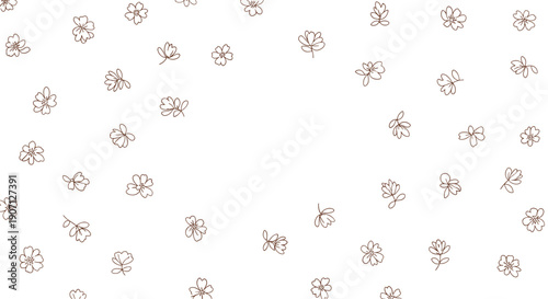 Minimalist scattered flower pattern with tiny brown line art blossoms and buds distributed across a clean white background for subtle design.