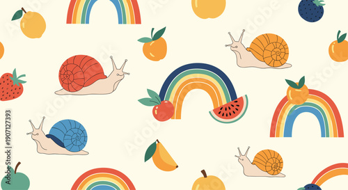 Whimsical seamless pattern with cute snails, colorful rainbows, and various fruits like strawberries and apples on a cream background.