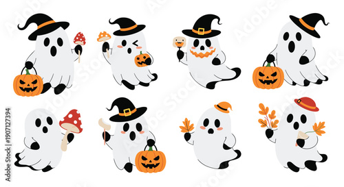 Cute halloween ghost collection featuring various friendly spirits wearing witch hats and carrying carved pumpkins or autumn leaves.