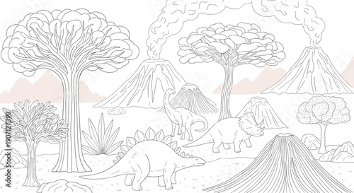 Coloring book style dinosaur landscape featuring prehistoric creatures, volcanoes with smoke, and various trees in a detailed line art scene.