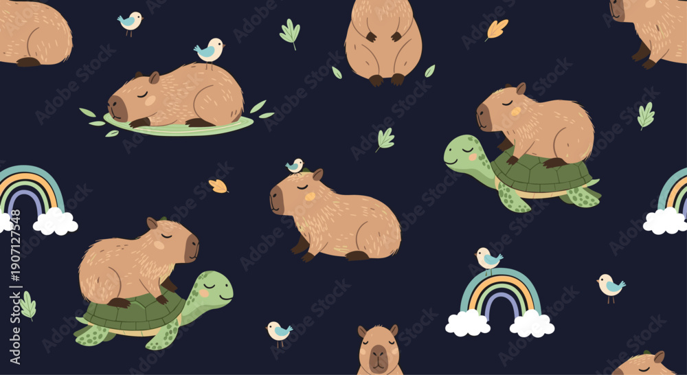Obraz premium Whimsical dark pattern features capybaras riding on turtles or resting with small blue birds under clouds and rainbows.