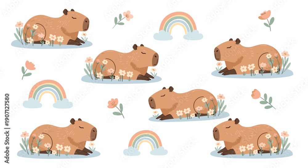 Fototapeta premium Sweet pattern features capybaras resting in grass patches decorated with small flowers and colorful rainbows on white.