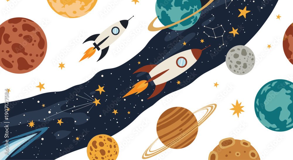 Fototapeta premium Educational space scene shows a dark starry path through the galaxy with rockets flying between colorful planets and stars.