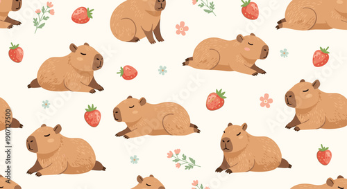 Charming seamless pattern illustrates adorable capybaras resting among floating red strawberries and tiny flowers on cream.