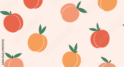 Delicious fruit pattern features ripe peaches with green leaves scattered across a warm peach colored background for summer.
