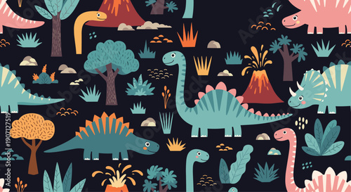 Prehistoric world pattern features various cute dinosaurs, erupting volcanoes, and tropical trees on a dark night background.