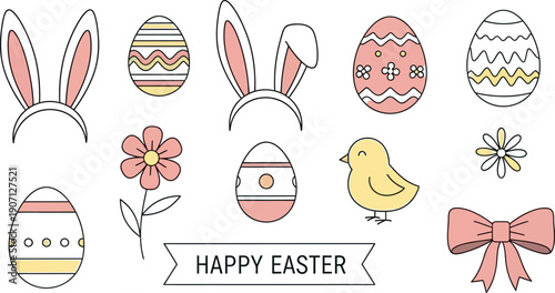 Collection of delightful pastel colored easter icons featuring decorative eggs bunny ears a cute chick flowers and a festive happy easter banner