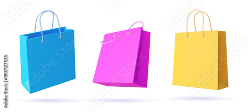 3d shopping bags. Blue, purple and yellow paper shop and gift bags. Realistic vector paper retail packages mockup with handles. Modern blank packaging mockup for purchase, online mall and merchandise