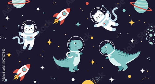 Imaginative space exploration pattern depicts cute cats and dinosaurs as brave astronauts floating among stars and planets.
