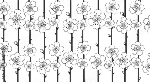 Elegant cherry blossom pattern features vertical branches with delicate flowers and buds rendered in clean black line art.