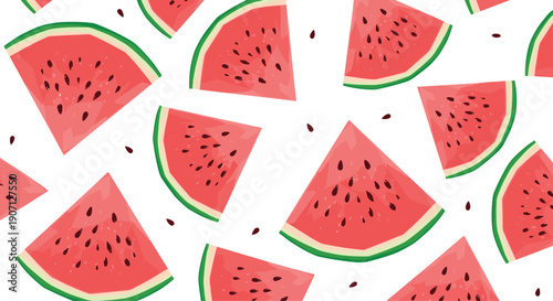 Refreshing watermelon pattern features juicy red slices with black seeds and green rinds scattered over a white background.