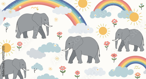 Cheerful children illustration shows grey elephants walking under colorful rainbows and bright suns on a cream background.