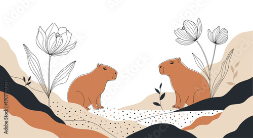 Abstract landscape scene features two capybaras resting among stylized hills and delicate line art tulip flowers on white.