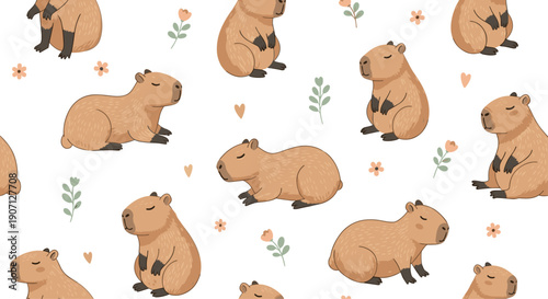 Lovely seamless pattern featuring cute capybaras in various sitting and lying poses with tiny flowers and hearts.