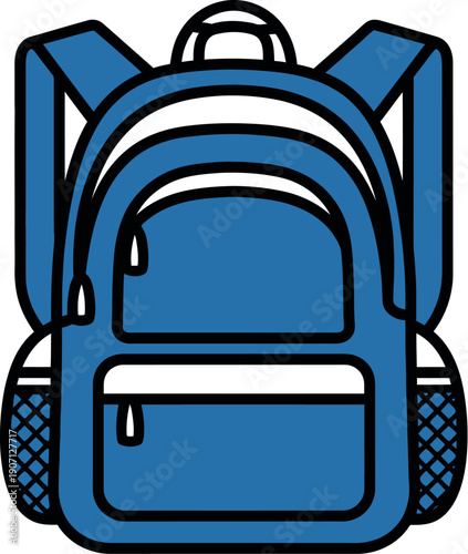 Simple cartoon illustration of a bright blue school backpack featuring multiple zippered compartments and side mesh pockets perfect for carrying books and supplies