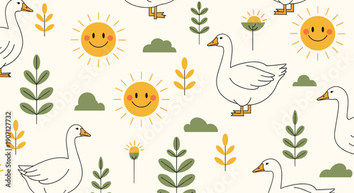 Whimsical farmhouse seamless pattern with white geese, smiling suns, and green plants on a warm cream background.