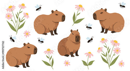 Adorable set of cartoon capybaras surrounded by buzzing bees and tall pink flowers on a clean white background for various kids products.
