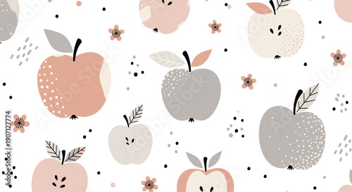 Lovely seamless pattern of stylized apples in soft peach and grey tones with small flowers and dots on a crisp white background for textile.