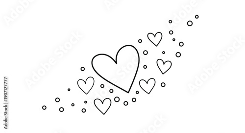 Simple and artistic composition of various sized black heart outlines and small circles floating on a clean white background for a card.