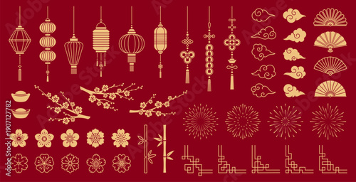 Asian Lunar New Year design elements of Oriental Chinese, Korean and Japanese ornaments, vector decorations. Chinese frames and design elements of lanterns and lucky knots, bamboo and golden ingots