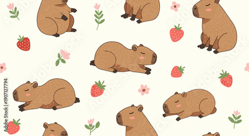 Delightful seamless pattern of cute brown capybaras, bright red strawberries, and pink flowers on a warm cream background for nursery decor.
