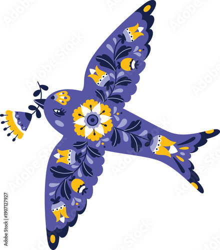 Scandinavian ethnic flying blue bird decoration. Norwegian nature decoration, Nordic folklore animal vector print. Slavic folk flying bird with blue and yellow flower in beak and floral ornament