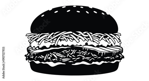 A simple black and white illustration of a classic cheeseburger with fries
