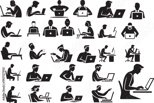 Diverse group of people engaged in various activities using laptops Vector