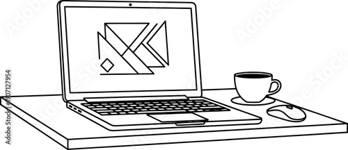Minimalist line art illustration depicts an open laptop computer displaying an abstract geometric design next to a steaming coffee cup and a computer mouse on a simple desk surface.