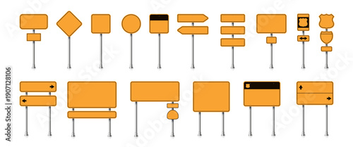 Yellow road traffic street signs and signpost in rectangle, circle, arrow and shield, square and diamond shapes on metallic poles. 3d vector transportation, navigation interfaces or road safety signs