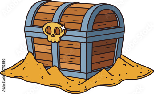 Pirate island cartoon treasure chest on sand, treasure map detail. Pirate island environment element, nautical adventure vector object. Closed wooden chest on beach, treasure map constructor detail