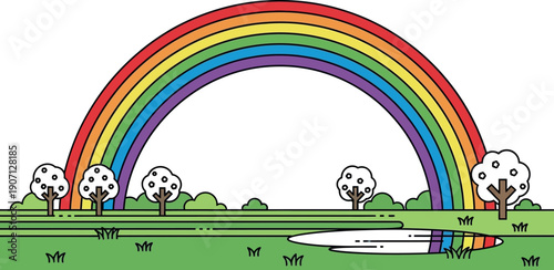Brightly colored rainbow arches high across a clear blue sky above a green grassy landscape featuring stylized trees and a small reflective puddle.