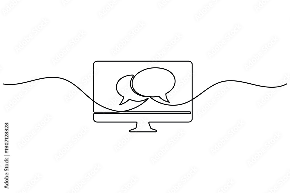 Fototapeta premium Desktop monitor with speech bubbles continuous one line art style online communication