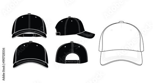 Various baseball cap designs shown in different views and colors