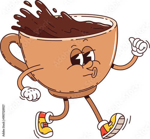 Cartoon retro groovy coffee cup character joyfully strolling with coffee splashing out of the mug. Isolated cheerful vector retro drink and beverage funky hippie personage smiling and wearing sneakers