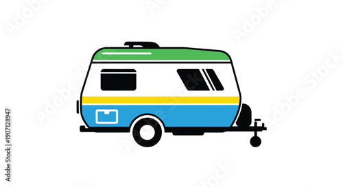 A colorful simplified illustration of a vintage camper trailer