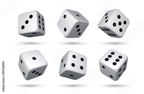Realistic 3d dice set, vector classic floating white gambling cubes with black pips shown from different angles. Isolated casino and board game symbols of luck, chance, poker, gamble and probability