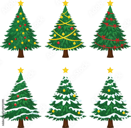 Vector illustrations of decorated Christmas trees with stars ornaments and snow for winter holiday celebration and festive season decorative concepts।