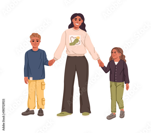 Mother and kids family members cartoon personages. People , cheerful isolated vector personages. Family members, happy mother, son and daughter characters standing in causal clothing and holding hands