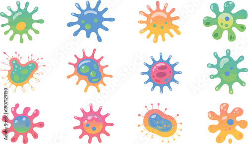 Colorful cartoon bacteria and virus cells vector set, cute microbe shapes for education, science, medical concepts isolated on white
