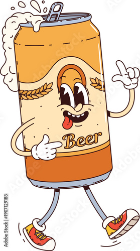 Cartoon groovy beer can alcohol drink vector character happily walks to party with playful hippie vibe and erupting foam. Vector y2k tin can beverage funky hippie personage embodies retro alcohol fun