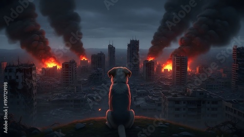 Dystopian cityscape with burning buildings.