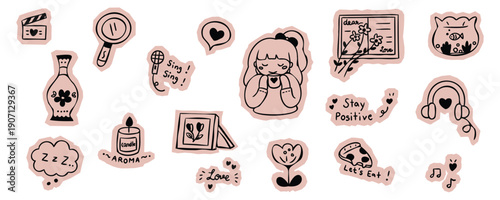 Hand drawn doodle sticker set featuring lifestyle elements such as girl with hot drink, candle, pizza, headphones, music and self care objects for scrapbook and journal. Vector illustration design.