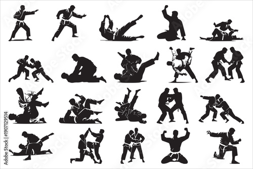 Martial Arts Silhouette Fighting Icon Set Sheet FX