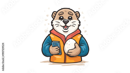 Cartoon otter wearing jacket, holding egg and phone, with bubbles floating around