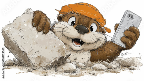 A cartoon otter with an orange hat holding a phone and breaking through a stone wall