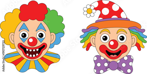Cartoon clown face vector illustration set, colorful circus joker heads with hats and makeup isolated on white background