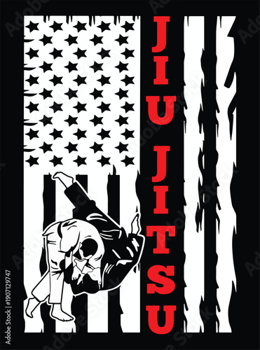 Jiu Jitsu Fighter Silhouette With Usa Flag Icon