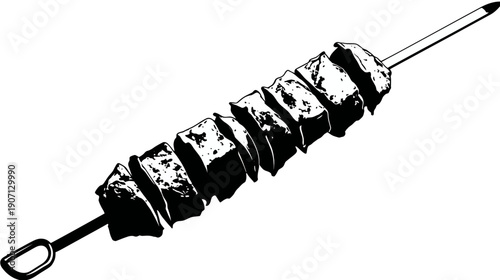 A black and white illustration of skewers, with meat chunks pierced on a metallic stick