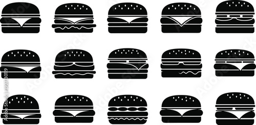 Set of minimalist hamburger silhouettes featuring various cheeseburger and sandwich layers for fast food menu design and restaurant branding